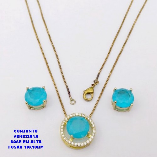 CONJUNTO NO BRUTO PRONTO PARA O BANHO(CX194) CONJUNTO COM CORRENTE VENEZIANA DE 45CM PINGENTE E BRINCO EM ALTA FUSÃO(ZIRCONIA FUSION)" 10X10MM" / PESO 5.8GR - BRU28221