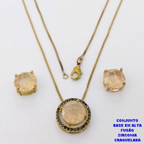 CONJUNTO NO BRUTO PRONTO PARA O BANHO(CX194) CONJUNTO COM CORRENTE VENEZIANA DE 45CM PINGENTE E BRINCO EM ALTA FUSÃO(ZIRCONIA CRAQUELADA)" 10X10MM" / PESO 5.8GR - BRU28236