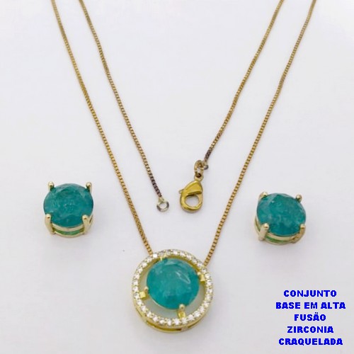 CONJUNTO NO BRUTO PRONTO PARA O BANHO(CX194) CONJUNTO COM CORRENTE VENEZIANA DE 45CM PINGENTE E BRINCO EM ALTA FUSÃO(ZIRCONIA CRAQUELADA)" 10X10MM" / PESO 5.8GR - BRU28240