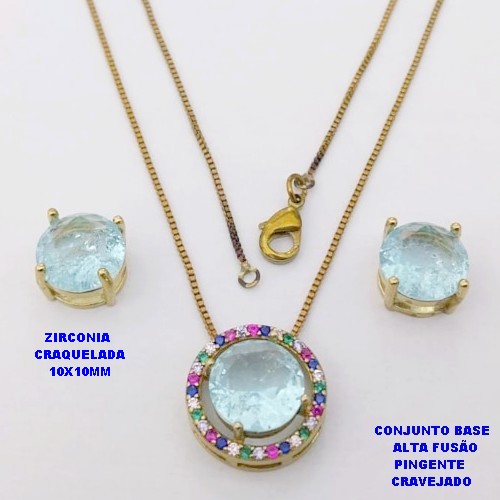 CONJUNTO NO BRUTO PRONTO PARA O BANHO(CX194) CONJUNTO COM CORRENTE VENEZIANA DE 45CM PINGENTE E BRINCO EM ALTA FUSÃO(ZIRCONIA CRAQUELADA)" 10X10MM" / PESO 5.8GR - BRU28255