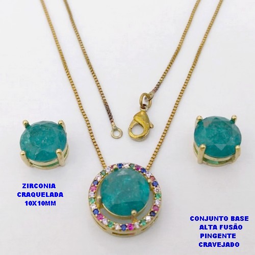 CONJUNTO NO BRUTO PRONTO PARA O BANHO(CX194) CONJUNTO COM CORRENTE VENEZIANA DE 45CM PINGENTE E BRINCO EM ALTA FUSÃO(ZIRCONIA CRAQUELADA)" 10X10MM" / PESO 5.8GR - BRU28256