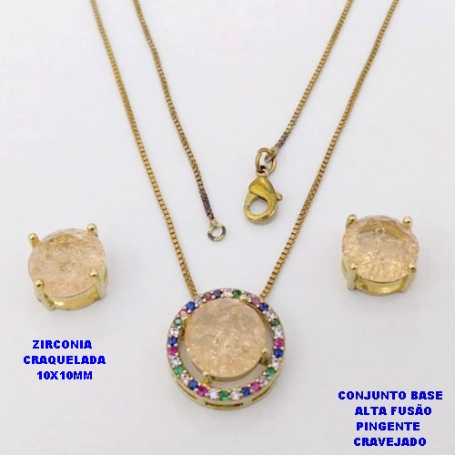 CONJUNTO NO BRUTO PRONTO PARA O BANHO(CX194) CONJUNTO COM CORRENTE VENEZIANA DE 45CM PINGENTE E BRINCO EM ALTA FUSÃO(ZIRCONIA CRAQUELADA)" 10X10MM" / PESO 5.8GR - BRU28257