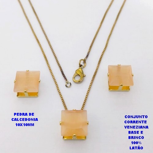 CONJUNTO NO BRUTO PRONTO PARA O BANHO(POTE) CONJUNTO COM CORRENTE VENEZIANA DE 45CM PINGENTE E BRINCO EM LATÃO (PEDRA DE CALCEDONIA)" 10X10MM " / PESO 5.8GR - BRU28258