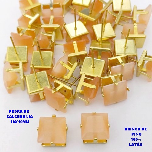 BRINCO NO BRUTO PRONTO PARA O BANHO(POTE) BRINCO DE PINO 100% LATÃO (PEDRA DE CALCEDONIA)" 10X10MM " / PESO 2.6GR - BRU28259