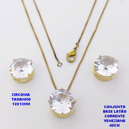CONJUNTO NO BRUTO PRONTO PARA O BANHO(pote)COM CORRENTE VENEZIANA DE 45CM / BRINCO E PINGENTE DE ZIRCONIA COM BASE DE PINO EM LATÃO " 12X12MM " / PESO 7,9GR - BRU28142A