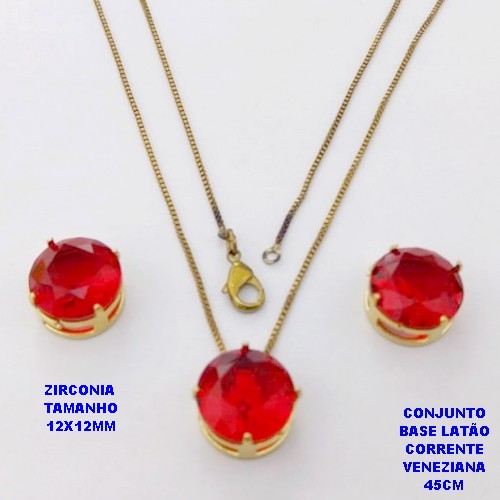 CONJUNTO NO BRUTO PRONTO PARA O BANHO(pote)COM CORRENTE VENEZIANA DE 45CM / BRINCO E PINGENTE DE ZIRCONIA COM BASE DE PINO EM LATÃO " 12X12MM " / PESO 7,9GR - BRU28248A
