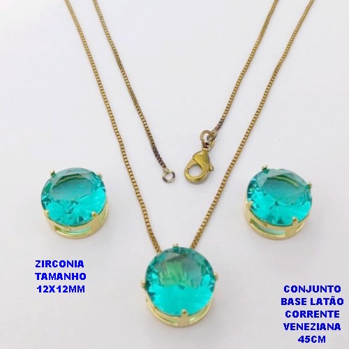 CONJUNTO NO BRUTO PRONTO PARA O BANHO(pote)COM CORRENTE VENEZIANA DE 45CM / BRINCO E PINGENTE DE ZIRCONIA COM BASE DE PINO EM LATÃO " 12X12MM " / PESO 7,9GR - BRU28246A