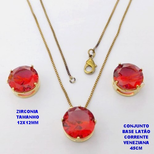 CONJUNTO NO BRUTO PRONTO PARA O BANHO(pote)COM CORRENTE VENEZIANA DE 45CM / BRINCO E PINGENTE DE ZIRCONIA COM BASE DE PINO EM LATÃO " 12X12MM " / PESO 7,9GR - BRU28244A