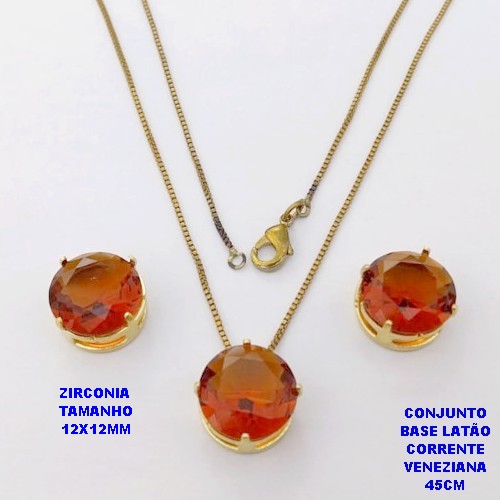 CONJUNTO NO BRUTO PRONTO PARA O BANHO(pote)COM CORRENTE VENEZIANA DE 45CM / BRINCO E PINGENTE DE ZIRCONIA COM BASE DE PINO EM LATÃO " 12X12MM " / PESO 7,9GR - BRU28254A