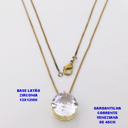GARGANTILHA NO BRUTO PRONTO PARA O BANHO(pote)COM CORRENTE VENEZIANA DE 45CM / PINGENTE DE ZIRCONIA COM BASE DE PINO EM LATÃO " 12X12MM " / PESO 3.3GR - BRU28142B
