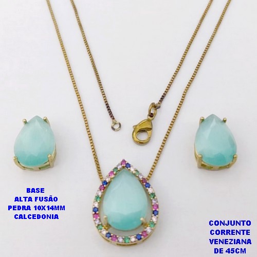 CONJUNTO NO BRUTO PRONTO PARA O BANHO(CX194)COM CORRENTE VENEZIANA DE 45CM / BRINCO E PINGENTE COM PEDRA DE CALCEDONIA COM BASE EM ALTA FUSÃO " 10X14MM " / PESO 7,7GR - BRU28305