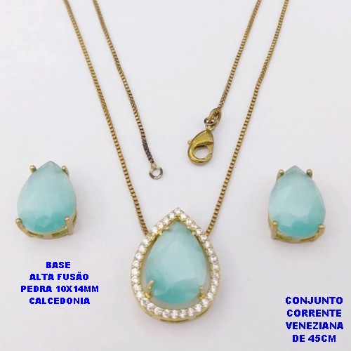 CONJUNTO NO BRUTO PRONTO PARA O BANHO(CX194)COM CORRENTE VENEZIANA DE 45CM / BRINCO E PINGENTE COM PEDRA DE CALCEDONIA COM BASE EM ALTA FUSÃO " 10X14MM " / PESO 7,7GR - BRU28306