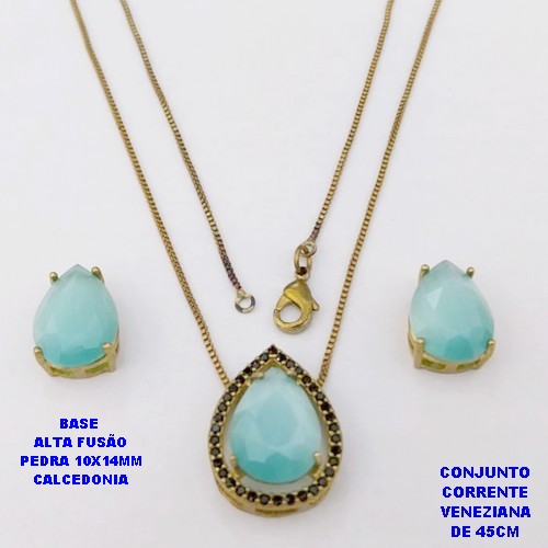 CONJUNTO NO BRUTO PRONTO PARA O BANHO(CX194)COM CORRENTE VENEZIANA DE 45CM / BRINCO E PINGENTE COM PEDRA DE CALCEDONIA COM BASE EM ALTA FUSÃO " 10X14MM " / PESO 7,7GR - BRU28307