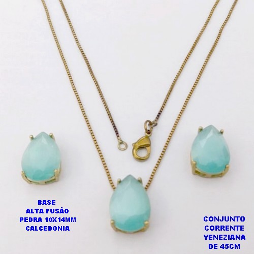CONJUNTO NO BRUTO PRONTO PARA O BANHO(CX194)COM CORRENTE VENEZIANA DE 45CM / BRINCO E PINGENTE COM PEDRA DE CALCEDONIA COM BASE EM ALTA FUSÃO " 10X14MM " / PESO 7,7GR - BRU28308