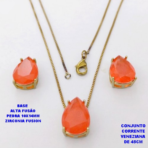 CONJUNTO NO BRUTO PRONTO PARA O BANHO(CX194)COM CORRENTE VENEZIANA DE 45CM / BRINCO E PINGENTE COM PEDRA ZIRCONIA "FUSION" COM BASE EM ALTA FUSÃO " 10X14MM " / PESO 7,7GR - BRU28309