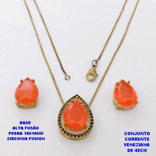 CONJUNTO NO BRUTO PRONTO PARA O BANHO(CX194)COM CORRENTE VENEZIANA DE 45CM / BRINCO E PINGENTE COM PEDRA DE ZIRCONIA "FUSION" COM BASE EM ALTA FUSÃO " 10X14MM " / PESO 7,7GR - BRU28310