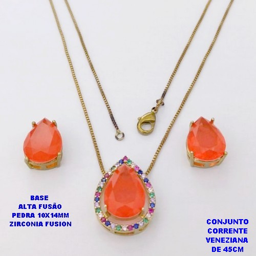 CONJUNTO NO BRUTO PRONTO PARA O BANHO(CX194)COM CORRENTE VENEZIANA DE 45CM / BRINCO E PINGENTE COM PEDRA DE ZIRCONIA "FUSION" COM BASE EM ALTA FUSÃO " 10X14MM " / PESO 7,7GR - BRU28311