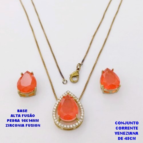 CONJUNTO NO BRUTO PRONTO PARA O BANHO(CX194)COM CORRENTE VENEZIANA DE 45CM / BRINCO E PINGENTE COM PEDRA DE ZIRCONIA "FUSION" COM BASE EM ALTA FUSÃO " 10X14MM " / PESO 7,7GR - BRU28312