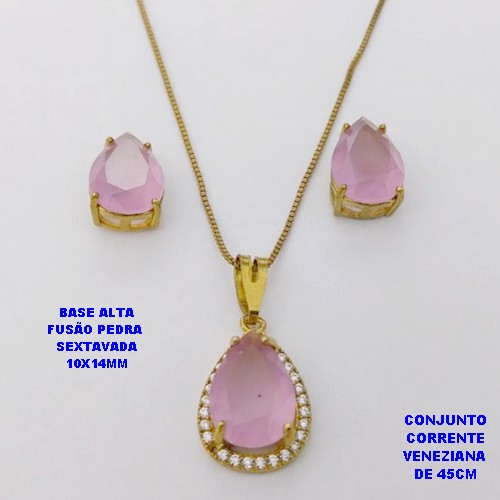 CONJUNTO NO BRUTO PRONTO PARA O BANHO(CX194)COM CORRENTE VENEZIANA DE 45CM / BRINCO E PINGENTE COM PEDRA SEXTAVADA COM BASE EM ALTA FUSÃO " 10X14MM " / PESO 7,7GR - BRU28313