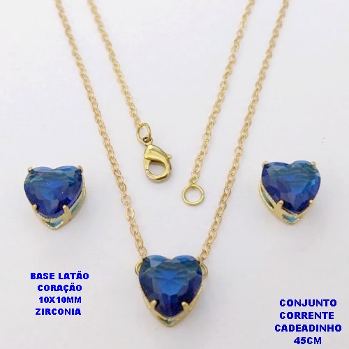 CONJUNTO NO BRUTO PRONTO PARA O BANHO(POTE)COM CORRENTE CADEADO DE 45CM / BRINCO E PINGENTE COM BASE EM LATÃO FORMATO DE CORAÇÃO ZIRCONIA " 10X10MM " / PESO 3.9GR - BRU28315