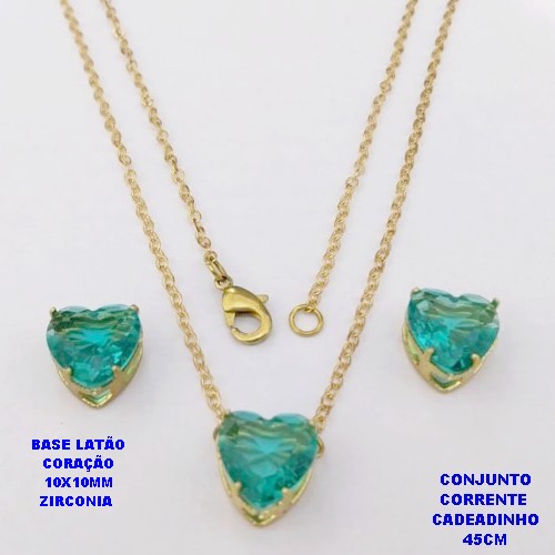 CONJUNTO NO BRUTO PRONTO PARA O BANHO(POTE)COM CORRENTE CADEADO DE 45CM / BRINCO E PINGENTE COM BASE EM LATÃO FORMATO DE CORAÇÃO ZIRCONIA " 10X10MM " / PESO 3.9GR - BRU28316