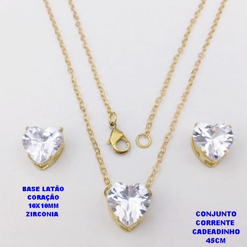 CONJUNTO NO BRUTO PRONTO PARA O BANHO(POTE)COM CORRENTE CADEADO DE 45CM / BRINCO E PINGENTE COM BASE EM LATÃO FORMATO DE CORAÇÃO ZIRCONIA " 10X10MM " / PESO 3.9GR - BRU28317