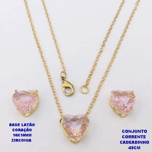 CONJUNTO NO BRUTO PRONTO PARA O BANHO(POTE)COM CORRENTE CADEADO DE 45CM / BRINCO E PINGENTE COM BASE EM LATÃO FORMATO DE CORAÇÃO ZIRCONIA " 10X10MM " / PESO 3.9GR - BRU28318