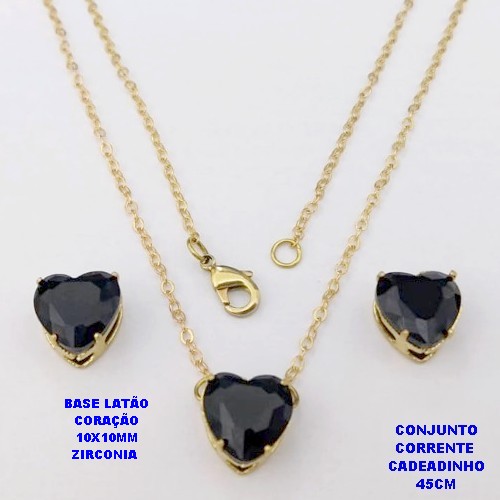 CONJUNTO NO BRUTO PRONTO PARA O BANHO(POTE)COM CORRENTE CADEADO DE 45CM / BRINCO E PINGENTE COM BASE EM LATÃO FORMATO DE CORAÇÃO ZIRCONIA " 10X10MM " / PESO 3.9GR - BRU28319