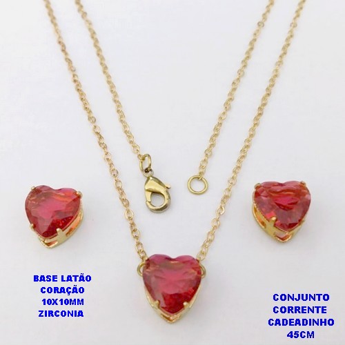 CONJUNTO NO BRUTO PRONTO PARA O BANHO(POTE)COM CORRENTE CADEADO DE 45CM / BRINCO E PINGENTE COM BASE EM LATÃO FORMATO DE CORAÇÃO ZIRCONIA " 10X10MM " / PESO 3.9GR - BRU28320