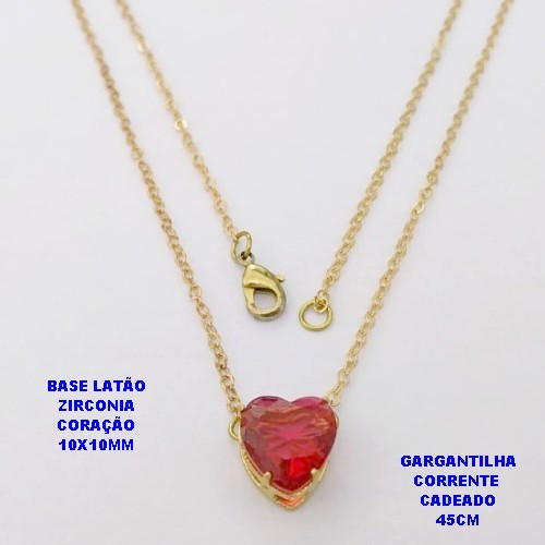 GARGANTILHA NO BRUTO PRONTO PARA O BANHO(POTE)COM CORRENTE CADEADO DE 45CM / BRINCO E PINGENTE COM BASE EM LATÃO FORMATO DE CORAÇÃO ZIRCONIA " 10X10MM " / PESO 2.4GR - BRU28320A