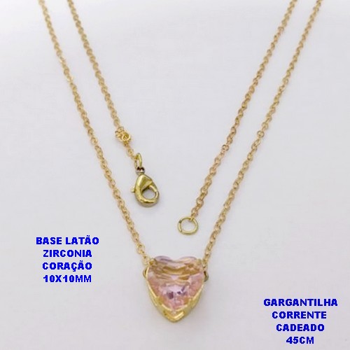 GARGANTILHA NO BRUTO PRONTO PARA O BANHO(POTE)COM CORRENTE CADEADO DE 45CM / BRINCO E PINGENTE COM BASE EM LATÃO FORMATO DE CORAÇÃO ZIRCONIA " 10X10MM " / PESO 2.4GR - BRU28318A