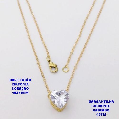 GARGANTILHA NO BRUTO PRONTO PARA O BANHO(POTE)COM CORRENTE CADEADO DE 45CM / BRINCO E PINGENTE COM BASE EM LATÃO FORMATO DE CORAÇÃO ZIRCONIA " 10X10MM " / PESO 2.4GR - BRU28317A