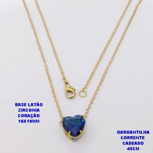 GARGANTILHA NO BRUTO PRONTO PARA O BANHO(POTE)COM CORRENTE CADEADO DE 45CM / BRINCO E PINGENTE COM BASE EM LATÃO FORMATO DE CORAÇÃO ZIRCONIA " 10X10MM " / PESO 2.4GR - BRU28315A