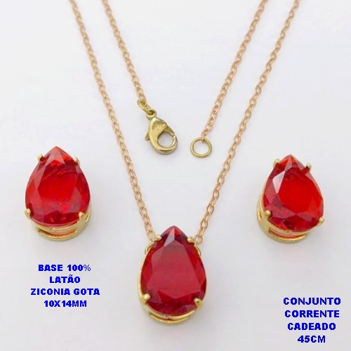 CONJUNTO NO BRUTO PRONTO PARA O BANHO(POTE)COM CORRENTE CADEADO DE 45CM / BRINCO E PINGENTE COM BASE EM LATÃO FORMATO DE GOTA ZIRCONIA " 10X14MM " / PESO 5.3GR - BRU28338