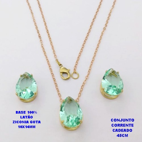 CONJUNTO NO BRUTO PRONTO PARA O BANHO(POTE)COM CORRENTE CADEADO DE 45CM / BRINCO E PINGENTE COM BASE EM LATÃO FORMATO DE GOTA ZIRCONIA " 10X14MM " / PESO 5.3GR - BRU28339