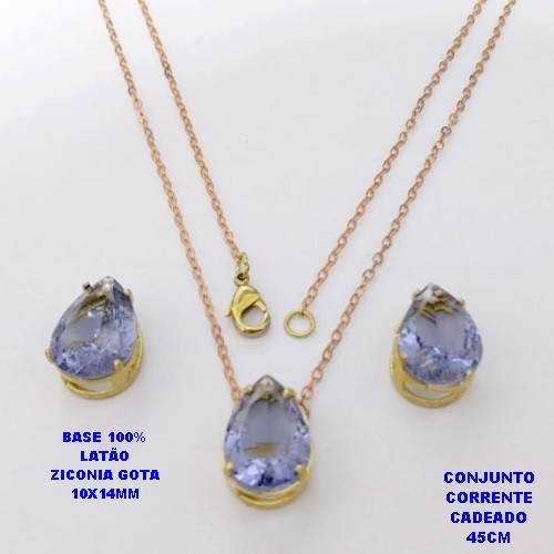 CONJUNTO NO BRUTO PRONTO PARA O BANHO(POTE)COM CORRENTE CADEADO DE 45CM / BRINCO E PINGENTE COM BASE EM LATÃO FORMATO DE GOTA ZIRCONIA " 10X14MM " / PESO 5.3GR - BRU28340