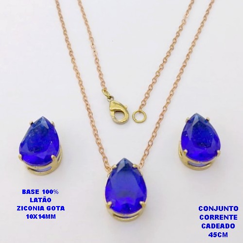 CONJUNTO NO BRUTO PRONTO PARA O BANHO(POTE)COM CORRENTE CADEADO DE 45CM / BRINCO E PINGENTE COM BASE EM LATÃO FORMATO DE GOTA ZIRCONIA " 10X14MM " / PESO 5.3GR - BRU28342