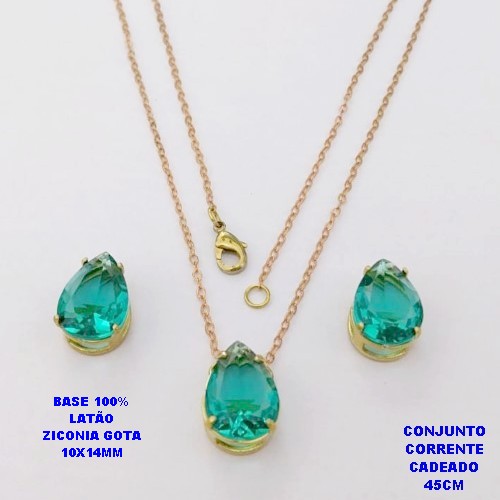CONJUNTO NO BRUTO PRONTO PARA O BANHO(POTE)COM CORRENTE CADEADO DE 45CM / BRINCO E PINGENTE COM BASE EM LATÃO FORMATO DE GOTA ZIRCONIA " 10X14MM " / PESO 5.3GR - BRU28343