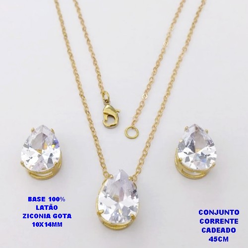 CONJUNTO NO BRUTO PRONTO PARA O BANHO(POTE)COM CORRENTE CADEADO DE 45CM / BRINCO E PINGENTE COM BASE EM LATÃO FORMATO DE GOTA ZIRCONIA " 10X14MM " / PESO 5.3GR - BRU28344