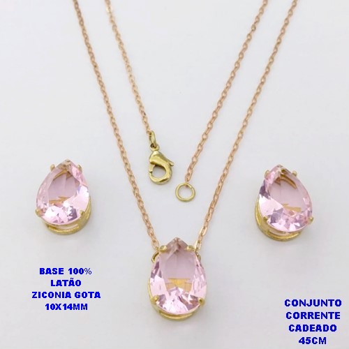 CONJUNTO NO BRUTO PRONTO PARA O BANHO(POTE)COM CORRENTE CADEADO DE 45CM / BRINCO E PINGENTE COM BASE EM LATÃO FORMATO DE GOTA ZIRCONIA " 10X14MM " / PESO 5.3GR - BRU28345