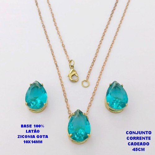 CONJUNTO NO BRUTO PRONTO PARA O BANHO(POTE)COM CORRENTE CADEADO DE 45CM / BRINCO E PINGENTE COM BASE EM LATÃO FORMATO DE GOTA ZIRCONIA " 10X14MM " / PESO 5.3GR - BRU28346