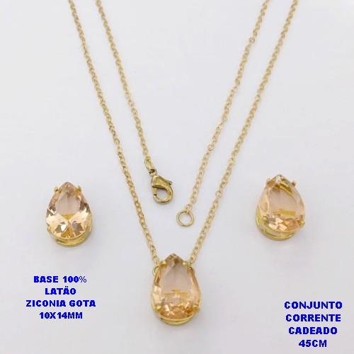 CONJUNTO NO BRUTO PRONTO PARA O BANHO(POTE)COM CORRENTE CADEADO DE 45CM / BRINCO E PINGENTE COM BASE EM LATÃO FORMATO DE GOTA ZIRCONIA " 10X14MM " / PESO 5.3GR - BRU28347