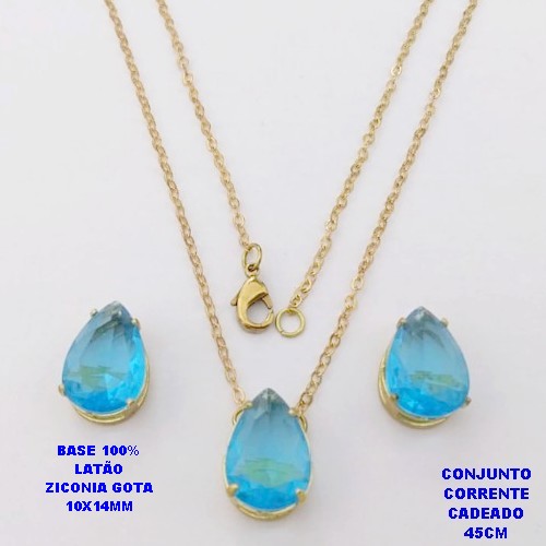 CONJUNTO NO BRUTO PRONTO PARA O BANHO(POTE)COM CORRENTE CADEADO DE 45CM / BRINCO E PINGENTE COM BASE EM LATÃO FORMATO DE GOTA ZIRCONIA " 10X14MM " / PESO 5.3GR - BRU28348