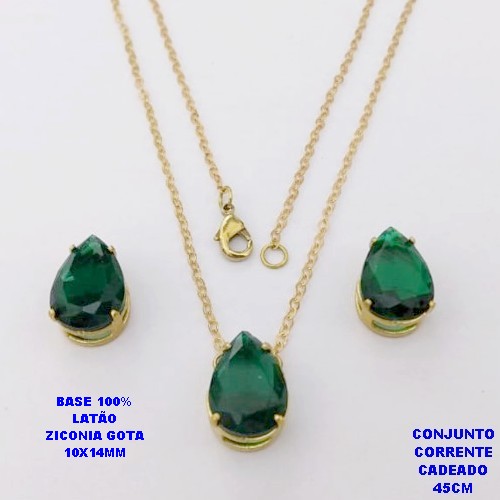 CONJUNTO NO BRUTO PRONTO PARA O BANHO(POTE)COM CORRENTE CADEADO DE 45CM / BRINCO E PINGENTE COM BASE EM LATÃO FORMATO DE GOTA ZIRCONIA " 10X14MM " / PESO 5.3GR - BRU28349