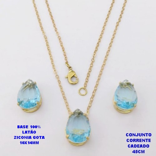 CONJUNTO NO BRUTO PRONTO PARA O BANHO(POTE)COM CORRENTE CADEADO DE 45CM / BRINCO E PINGENTE COM BASE EM LATÃO FORMATO DE GOTA ZIRCONIA " 10X14MM " / PESO 5.3GR - BRU28350