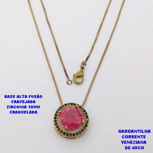 GARGANTILHA NO BRUTO PRONTO PARA O BANHO(CX194)CORRENTE VENEZIANA DE 45CM PINGENTE CRAVEJADO EM BASE ALTA FUSSÃO COM ZIRCONIA CRAQUELADA" 10X10MM " PESO 1.9GR -BRU28359