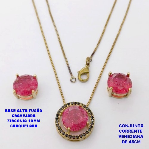 CONJUNTO NO BRUTO PRONTO PARA O BANHO(CX194) CONJUNTO COM CORRENTE VENEZIANA DE 45CM PINGENTE E BRINCO EM ALTA FUSÃO(ZIRCONIA CRAQUELADA)" 10X10MM" / PESO 5.8GR - BRU28360