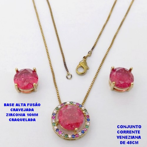 CONJUNTO NO BRUTO PRONTO PARA O BANHO(CX194) CONJUNTO COM CORRENTE VENEZIANA DE 45CM PINGENTE E BRINCO EM ALTA FUSÃO(ZIRCONIA CRAQUELADA)" 10X10MM" / PESO 5.8GR - BRU28363