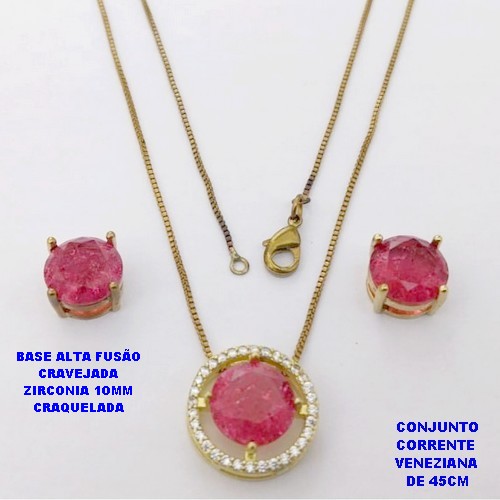 CONJUNTO NO BRUTO PRONTO PARA O BANHO(CX194) CONJUNTO COM CORRENTE VENEZIANA DE 45CM PINGENTE E BRINCO EM ALTA FUSÃO(ZIRCONIA CRAQUELADA)" 10X10MM" / PESO 5.8GR - BRU28364