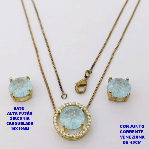CONJUNTO NO BRUTO PRONTO PARA O BANHO(POTE) GARGANTILHA COM CORRENTE VENEZIANA DE 45CM PINGENTE EM ALTA FUSÃO(ZIRCONIA CRAQUELADA )" 10X10MM" / PESO 6.6GR - BRU28380